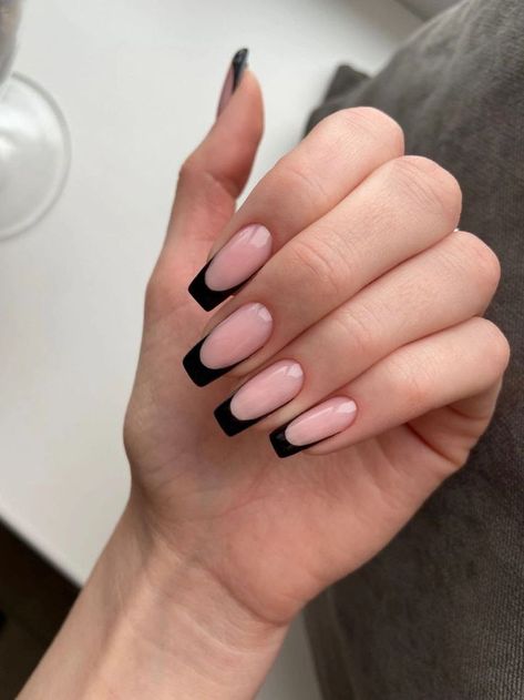 Black French Square Nails, Pink And Black French Tips, Black Square Nails Long, Short Square Black French Tip, Square Black French Tip Nails, Black French Tip Nails Square, Nail Painting Tips, Black French Nails, Black French Tip