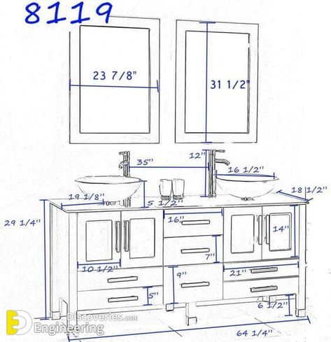 Useful Standard Bathroom Dimension Ideas | Engineering Discoveries Double Vessel Sink Vanity, Vanity Height, Bathroom Sink Dimensions, Pallet Deck Diy, Vessel Sink Bathroom Vanity, Bathroom Vanity Sizes, Vessel Sink Vanity, Bathroom Dimensions, Bathroom Counters