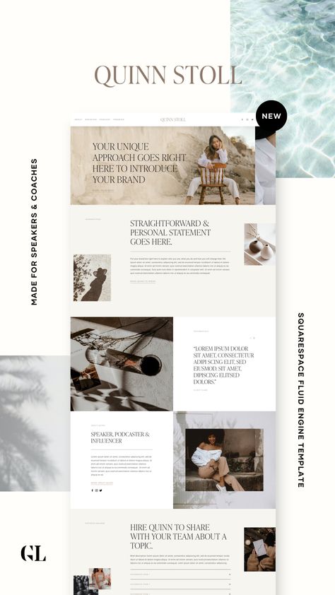 Quinn is a high-end, refined and editorial Squarespace Fluid Engine Template design crafted for speakers to share their services, podcast, freebies and contact details. Squarespace Product Page Design, Design Website Layout, Website Design Ecommerce, Website Advertising, Fashion Website Design, Layout Design Ideas, Photography Website Design, Web Design Layout, Squarespace Template