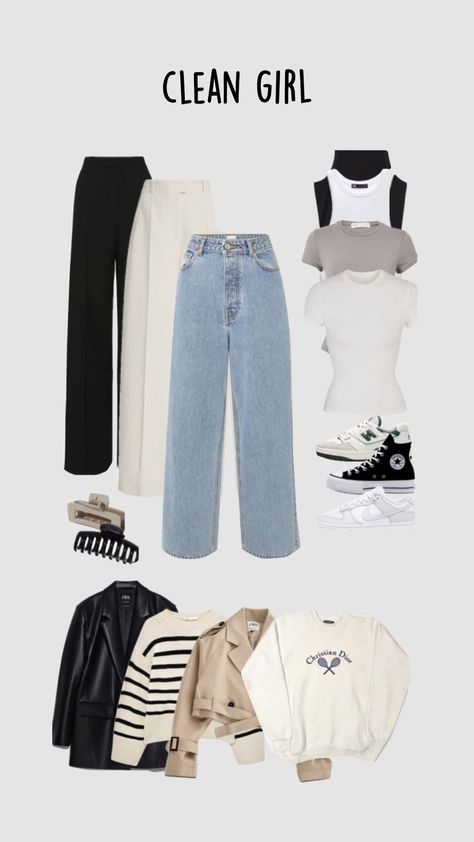 clean girl 🛍️💆🏻‍♀️📖 Clean Girl Outfit Inspo Winter, Vanilla Girl Capsule Wardrobe, Clean Girl Wardrobe Essentials, Clean Girl Casual Outfits, Clean Girl Capsule Wardrobe, Casual Clean Girl Outfit, Clothing Astethic Types, Cute Clean Girl Outfits, Different Styles Fashion List