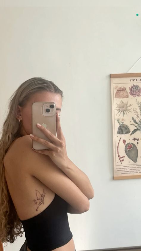 Fine line rib cage, side rib, fairy tattoo Side Of Rib Cage Tattoo, Fairy Tattoo Side Rib, Cute Tattoos Ribs, Rib Fairy Tattoo, Fine Line Tattoo On Back Of Arm, Rib Minimalist Tattoo, Fairy Tattoo Placement Ideas, Fine Line Rose Rib Tattoo, Rib Cage Tattoo Placement