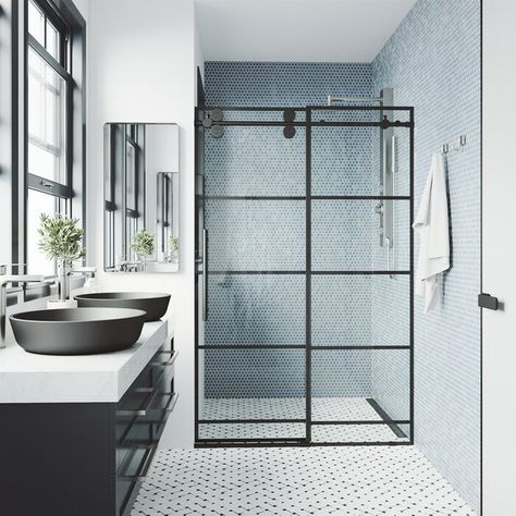 Grid Shower Door, Shower Door Installation, Black Shower Doors, Bathroom Reno Ideas, Frameless Sliding Shower Doors, Frameless Shower Door, Small Bathroom Makeover, Matte Black Hardware, Frameless Shower Doors