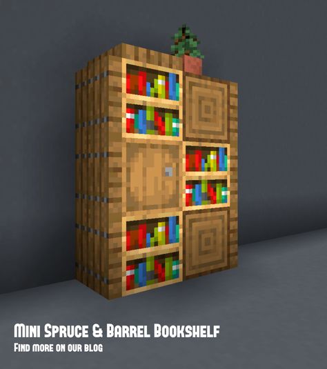 A simple, easy and small Minecraft bookshelf build that makes use of spruce blocks, barrels and books. #minecraft Cool Bookshelf Ideas, Minecraft Spruce House Ideas, Make Bookshelf, Minecraft Bookshelf Ideas, Minecraft Simple House, Minecraft Small Builds, Spruce House Minecraft, Bookshelf Build, Minecraft Bookshelf