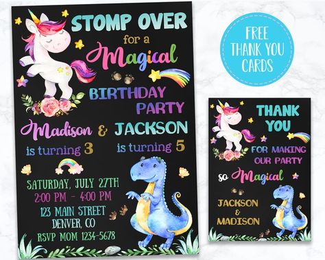 Joined Birthday Party Ideas, Unicorn And Dragon Party, Unicorn 1st Birthday Invitations, Unicorn And Dragon, Unicorns Birthday Party, Frozen Party Invitations, Birthday Party Ideas Boys, Boys Birthday Invitations, Twins 3rd Birthday