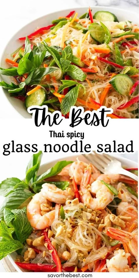 Discover our Glass Noodle Salad, featuring Thai-inspired flavors with shrimp and crunchy vegetables! Served cold, this hearty salad is drizzled with a spicy peanut dressing that packs a bold punch while keeping it cool and refreshing. Perfect as a main dish or a side, this noodle salad is so delicious. Cold Glass Noodle Salad, Asian Cold Noodle Salad, Glass Noodle Recipes, Chinese Salads, Thai Glass Noodle Salad, Spicy Peanut Dressing, Cold Noodle Salad, Glass Noodles Recipe, Hmong Food