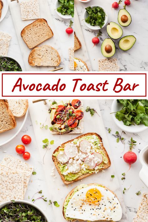 Toppings For Avocado Toast, Build Your Own Avocado Toast Bar, Avocado Toast Bar Ideas, Avocado Toast Buffet, Simple Breakfast Buffet Ideas, Avocado Toast For A Crowd, Avocado Toast Charcuterie Board, Avocado Toast Bar Brunch, Mini Avocado Toast Brunch