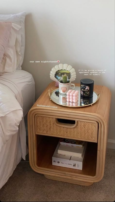 Bed Side Table Styling, Cute Aesthetic Rooms, Bed Side Table Decor, Natalie Zacek, Bedside Table Decor, Side Table Decor, Danish Pastel, Maximalist Decor, Redecorate Bedroom