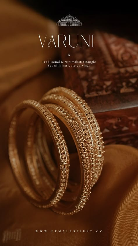 Traditional & Minimalistic Bangle Set with intricate carvings Bangle Photography Ideas, Bangles Photography Ideas, Jwellery Photoshoot Idea, Bangles Photography, Bangle Photography, Antic Jewellery, Jewellery Shoot, Jewelry Mood Board, Traditional Bangles