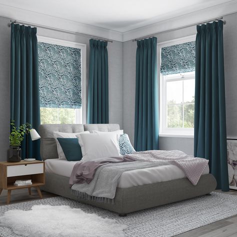 Bedroom Window Dressing, Roman Blinds Bedroom, Bedroom Window Design, Bedroom Curtains With Blinds, Teal Curtains, Patterned Blinds, Teal Bedroom, Curtains And Blinds, Bedroom Blinds