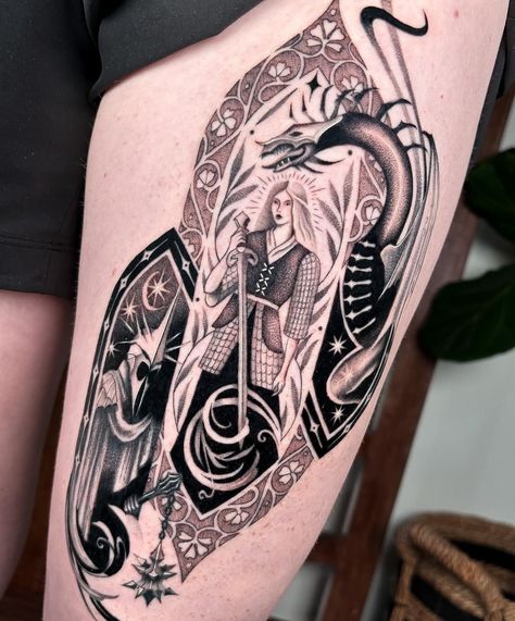 Manuscript Tattoo, Traditional Lord Of The Rings Tattoo, Light Of Elendil Tattoo, Medieval Tattoo Design, Notre Dame Tattoo, Medieval Sleeve Tattoo, Art Nouveau Dragon, Witch King Tattoo, Lady Of The Lake Tattoo