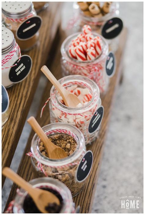 Ideas for toppings and treats to include in a DIY Hot Cocoa Bar, perfect for holiday gatherings or winter weddings. Printable hot cocoa bar tags to make your own! Coffee Bar Toppings, Polar Express Hot Cocoa Bar, Polar Express Hot Chocolate Bar, Fall Hot Cocoa Bar, Diy Hot Cocoa Bar, Hot Chocolate Bar Party, Christmas Hot Chocolate Bar, Coco Bar, Hot Chocolate Toppings