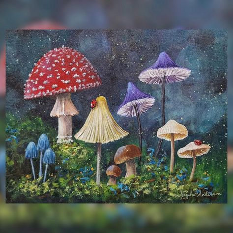 Acrylic Painting Of Mushrooms, Painted Mushrooms Acrylic, Cute Mushroom Painting, Mushroom Inspiration, Mushroom Paintings, Painting Mushrooms, Garden Acrylic Painting, Painting Mushroom, Painting Tutorial Step By Step