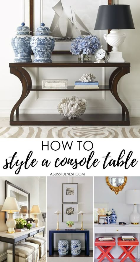 Easy ways to style a console table by adding height, seating, and accessories. for more ideas go to www.ablissfulnest.com #interiors #tips Style A Console Table, How To Style A Console Table, Styl Hampton, Interior Design Minimalist, Console Table Styling, Console Styling, Console Table Decorating, Foyer Decorating, Sofa Styling