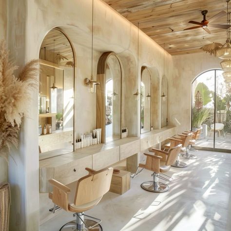 Salon Interior Design Boho Style Salon, Boho Nail Salon, Organic Style Interior, Boho Salon Ideas, Esthetician Ideas, Salon Decor Studio, Bridal Boutique Interior, Salon Concepts, Home Beauty Salon