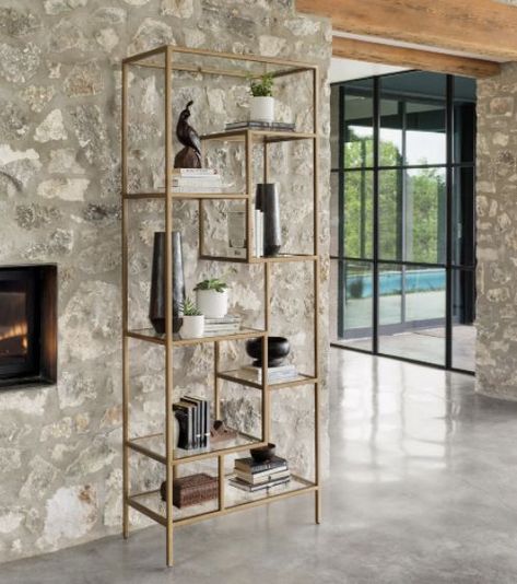 Brass Bookcase, Staggered Shelves, Pottery Barn Bookcase, Glass Etagere, Glass Bookcase, Antique Brass Frame, Bookcases For Sale, Etagere Bookcase, Chic Spaces