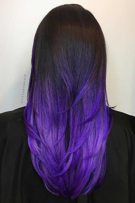 28 Best Dark Ombre Hair Ideas | LoveHairStyles.com Dark Brown To Purple Ombre, Black To Color Ombre Hair, Different Hair Colors For Black Hair, Purple Ombre On Black Hair, Women’s Purple Hair, Dark Hair With Bright Colors, Dark Hair With Colored Ends, Ombre Hair For Dark Hair, Black To Purple Ombre