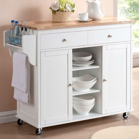 Wholesale Interiors Baxton Studio Meryland Modern Kitchen Cart with Wooden Top White Kitchen Cart, Kitchen Island On Wheels, Rolling Kitchen Island, Small Kitchen Island, Kitchen Bench, Kitchen Island Cart, White Kitchen Island, Portable Kitchen, Modern Kitchen Island