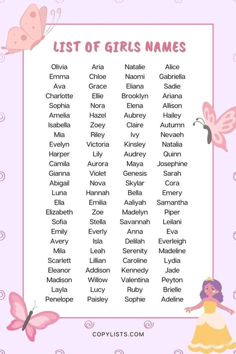 a list of girl names with a pink background, a cartoon princess and pink and purple butterflies. Good Girl Names, Sweet Girl Names, Nicknames For Girls, List Of Girls Names, Feminine Names, Sweet Baby Names, Unique Girl Names