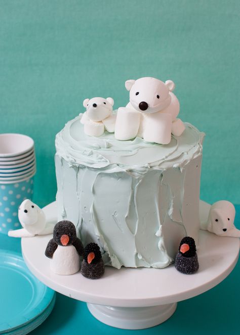 When Amy and I were working on our book,  Candy Aisle Crafts , her nephew was celebrating his first birthday with an arctic-themed party. We made him a cake topped with a marshmallow polar bears and penguin mommas and babies, and a couple of marshmallow seals. The cake itself is chocolate Arctic Cake, Winter Birthday Cake, Polar Bear Party, Candy Aisle, Penguin Cakes, Cute Marshmallows, Penguin Birthday, Winter Cake, Birthday Desserts