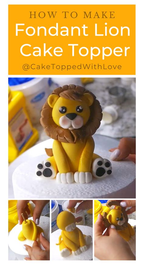 Lion Cake Topper Tutorial, Animal Topper Cake, Diy Safari Cake, Fondant Lion Tutorial, Jungle Theme Cake Without Fondant, Fondant Lion, Lion Cake Topper, Lion Birthday Cake, Cakes Without Fondant