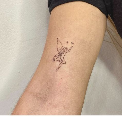 Indie Small Tattoos, Fineline Fairy Tattoo, Fairy Fine Line Tattoo, Minimal Fairy Tattoo, Mini Fairy Tattoo, Fine Line Fairy Tattoo, Dainty Fairy Tattoo, Women Tattoo Placement, Small Fairy Tattoos