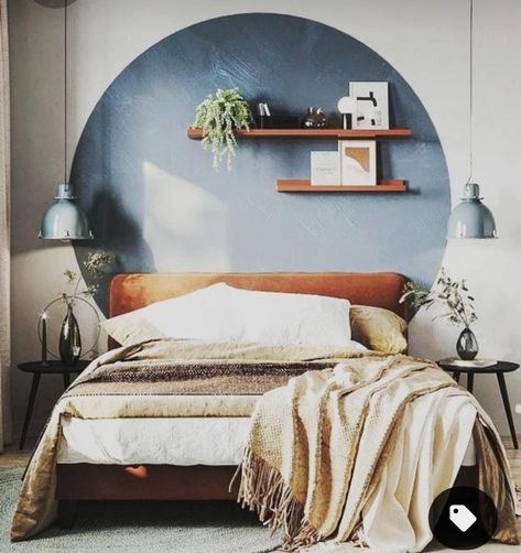 Painted Circles On Bedroom Wall, Half Circle Bedroom Wall, Half Blue Wall Bedroom, Half Paint Wall Bedroom, Circle Above Bed, Bedroom Circle Paint, Painted Circle Headboard, Wall Paint Behind Bed, Wall Painting Behind Bed