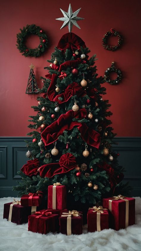 Transform your holiday decor with a stunning velvet Christmas tree that captures the essence of festive elegance In our latest blog post we explore the best decoration ideas for this luxurious tree style highlighting a harmonious blend of colors such as deep red neutral tones vibrant green soft pink and rich blue Discover how shades like dark green and brown can add depth to your Christmas setup while red and green accents bring a traditional touch Perfect for DIY enthusiasts Burgundy Dark Green Christmas Tree, Burgundy And Emerald Christmas Tree, Dark Green Velvet Christmas Decor, Dark Green And Burgundy Christmas Tree, Christmas Tree Dark Red, Burgundy Christmas Tree Ideas, Red And Burgundy Christmas Tree, Dark Green Christmas Aesthetic, Cranberry Christmas Tree