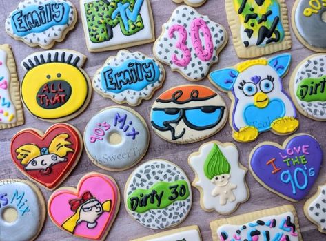 90s Cookies Decorated, 90s Cookies, Birthday Sugar Cookies, Decorating Business, 30th Birthday Bash, Birthday 30, 90s Theme Party, Cookie Decorations, Twin Birthday Parties