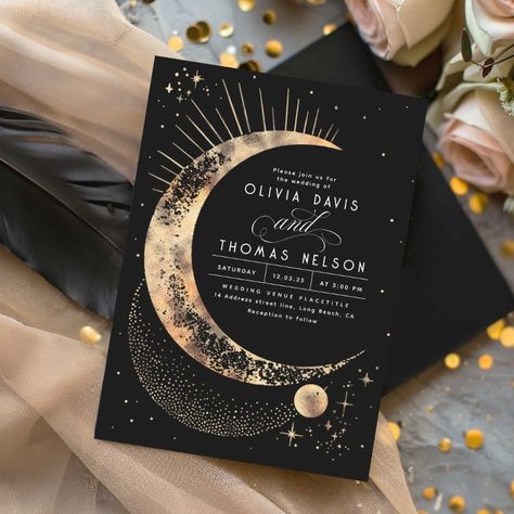 Midnight Wedding, Celestial Wedding Invitations, Night Sky Wedding, Celestial Wedding Theme, Fantasy Ball, Night Time Wedding, Starry Night Wedding, Mystical Moon, Wedding Options