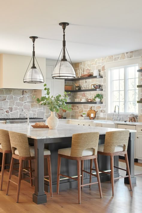 How to Rock a Rough Stone Kitchen Backsplash or Accent Wall Stone And Tile Backsplash, Mixed Woods In Kitchen, Stone Veneer Backsplash, Accent Wall Rustic, Stone Kitchen Backsplash, Rock Backsplash, Natural Stone Backsplash, Stone Backsplash Kitchen, Farmhouse Kitchen Backsplash