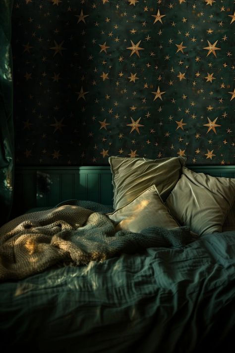 Lennox Wallpaper – Painted Paper Dark Green And Gold Wallpaper, Ravenclaw Room, Deep Green Background, Celestial Room, Star Bedroom, Fern Wallpaper, Wallpaper Ceiling, All Wallpaper, Gold Bedroom