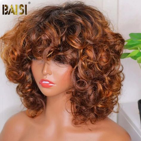 BAISI Curly Fringe Wig Pixie Cut Wig Short Curly Human Hair Wigs For Women Cheap Full Machine Wig Egg Curls Bob Wig With Bangs - AliExpress Curly Fringe, Sew In Wig, Curled Bob, Afro Style, Afro Wigs, Curly Human Hair Wig, Pixie Cut Wig, Business Hairstyles, Hair Density