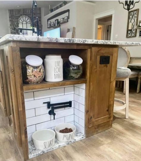 Dog Feeding Station In Island, Dog Station, Dog Feeding Station, Feeding Station, House Color Schemes, Dog Feeding, Laundry Mud Room, Dog Bowls, New Kitchen