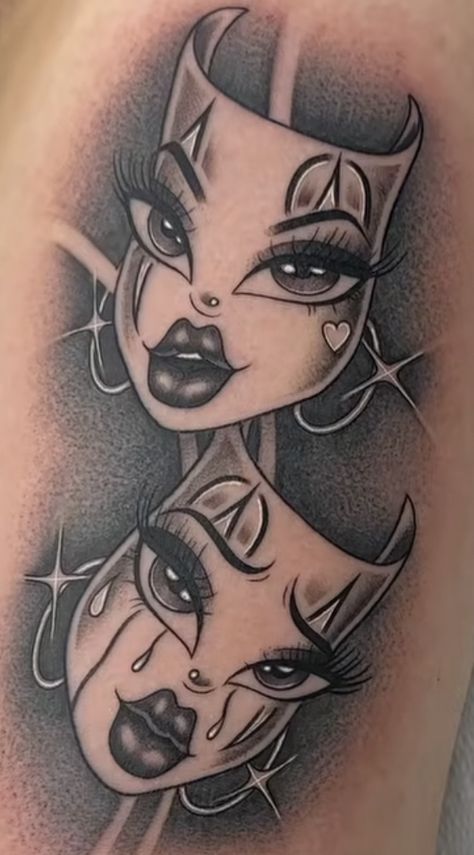 2 Face Mask Tattoo, Face Tattoos Drawing, I Got Me Tattoos, Nice Leg Tattoos Men, Pretty Clown Tattoo, Silouhette Tattoo Woman, Dark Shaded Tattoos For Women, Tattoo Ideas For Change, Halloween Character Tattoos