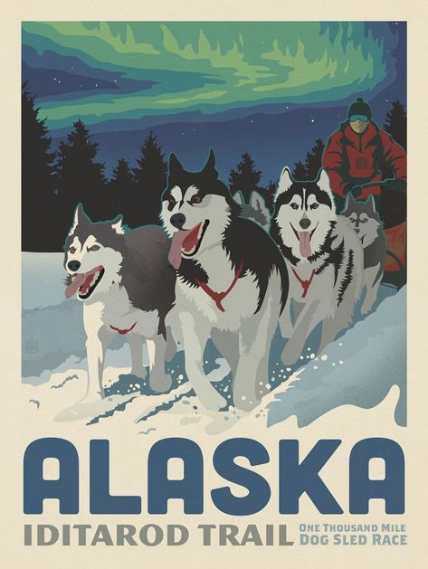 Alaska Poster, Trail Dog, 달력 디자인, Anderson Design Group, Wilde Westen, Vintage Poster Design, Retro Travel Poster, Beautiful Background, American Travel