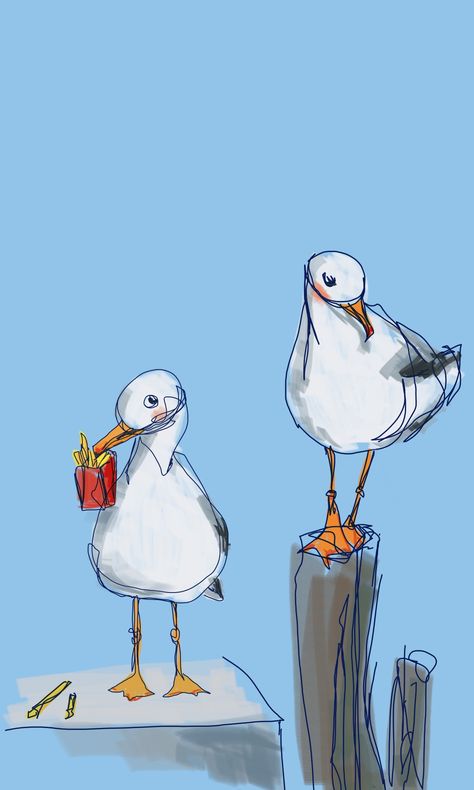 A seagull brought a box of french fries to impress his date Seagull Art Illustrations, Seagull Illustration, French Fry, Baby Art, French Fries, A Box, Mom And Baby, Cartoon Art, Painting & Drawing