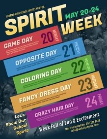 420+ Spirit Week Customizable Design Templates | PosterMyWall Spirit Week Ideas For Workplace, Spirit Week Posters, Halloween Spirit Week Ideas, Spirit Week Flyer, School Spirit Ideas Pep Rally, Week Template, Cheerleading Ideas, School Spirit Week, Homecoming Spirit Week