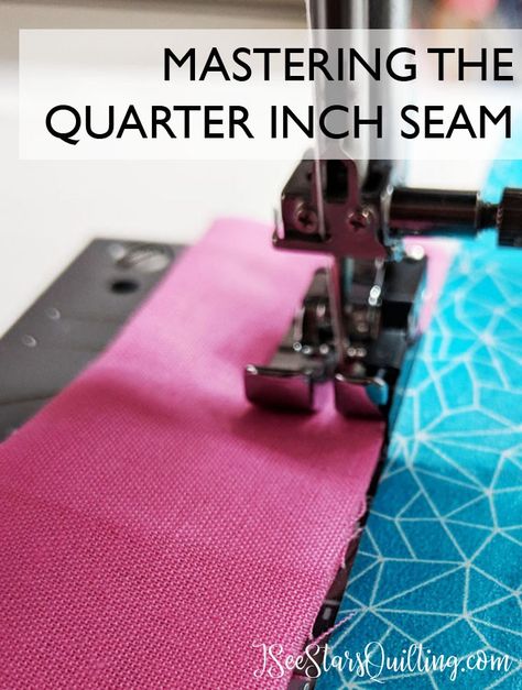 How to MASTER the quarter inch seam. Want to improve your beginner/intermediate sewing skills? do this and you'll be well on your way Quarter Inch Seam, Quilting 101, Seam Guide, I See Stars, Hand Sewing Projects, Jelly Roll Quilt Patterns, Quilt Binding, Sewing Stitches, Quilting For Beginners