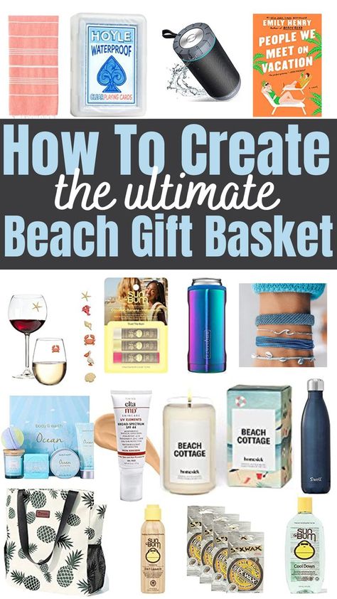 beach gift basket ideas Vacation Gift Basket, Beach Bag Gift Basket, Wedding Shower Gifts Basket, Beach Gift Basket, Summer Gift Baskets, Beach Theme Gifts, Theme Baskets, Pool Gifts, Beach Bag Gift