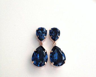 Swarovski crystal earrings | Etsy Rich Navy Blue, Blue Bridal Earrings, Dark Blue Earrings, Navy Blue Earrings, Bridal Earrings Studs, Long Statement Earrings, Crystal Statement Earrings, Crystal Teardrop Earrings, Earrings Bridesmaid