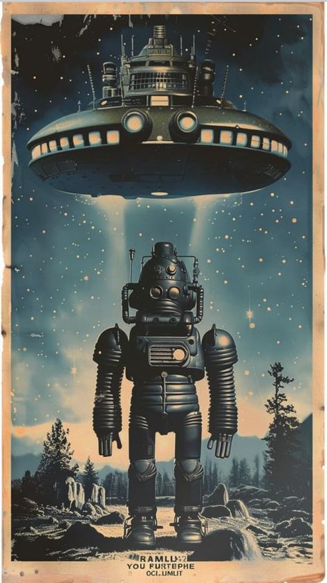 80s Futurism, Ufo Drawing, 1950s Space Art, Iphone Wallpaper Modern, Vintage Space Poster, Robot Painting, Scifi Artwork, Pulp Science Fiction, Poster Vintage Retro