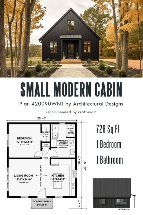 Small Modern Cabin House Plans, Building A Small Cottage, Camp House Ideas Interiors, Small Cabin House Plans Open Floor, Cabin Layout Small, One Bedroom Loft Floor Plans, One Room Barndominium, 25 X 25 Floor Plan, Cabin 2 Bedroom Layout