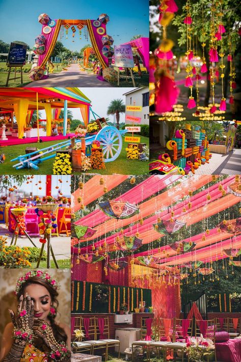 Bohemian Sangeet Decor, Unique Haldi Decoration, Mehendi Seating Decor, Haldi Unique Ideas, Theme For Haldi Function, Punjabi Mehendi Decor, Rajasthani Mehndi Decor, Outdoor Sangeet Decor Ideas, Backyard Mehendi Decor