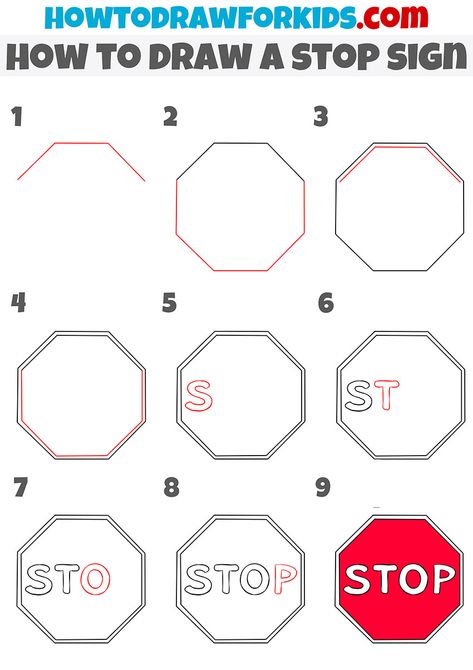 how to draw a stop sign step by step Stop Sign Drawing, Draw Objects, Funny Face Drawings, Sketchbook Diary, Doodle Art For Beginners, Wal Paper, Sensory Crafts, How To Draw Steps, Drawing Tutorials For Beginners