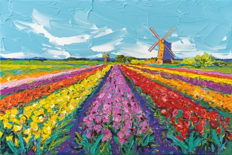 "Field of Tulips - Commission" by Joseph Villanueva. Paintings for Sale. Bluethumb - Online Art Gallery Tulip Field Drawing, Flowers Field Painting, Field Of Tulips, Tulip Field Painting, Tulip Field, Flower Field Painting, Festival Paint, Field Paint, Tulip Painting