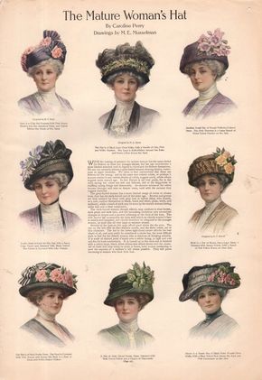 1911 Hats styles for Mature Women. Still very large but not as wide as early styles. Edwardian Hat, Tea Hats, 1910s Fashion, Victorian Hats, Tea Party Hats, Retro Mode, Outfit Trends, Women's Hats, Old Fashion