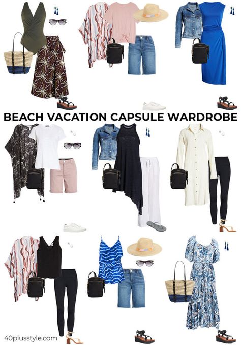 Beach Vacation Capsule Wardrobe, Summer Holiday Capsule Wardrobe, Beach Holiday Wardrobe, Beach Capsule Wardrobe, Beach Vacation Wardrobe, Fall Vacation Outfits, Fall Beach Outfits, Beach Outfit Dress, Vacation Capsule Wardrobe