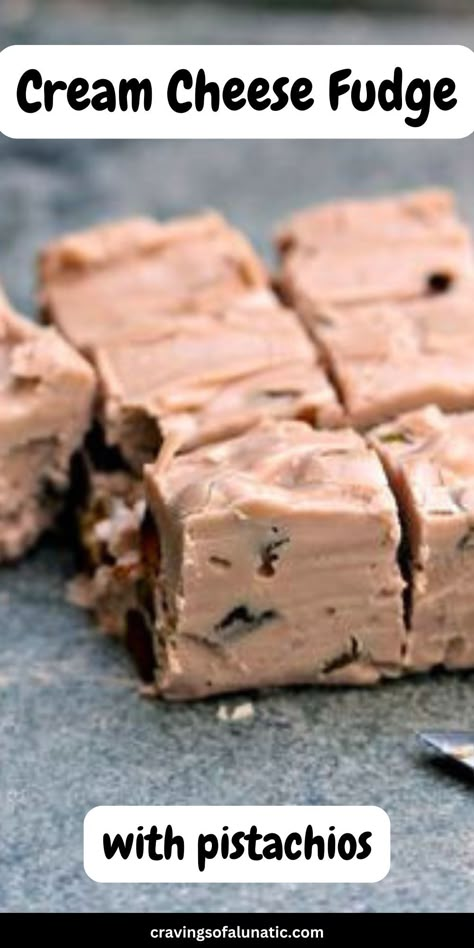 Pieces of cream cheese fudge on a grey counter with knife on it. Cream Cheese Fudge Recipe, Cream Cheese Fudge, Cranberry Pistachio Fudge, Cheese Fudge, Fudge Homemade, Homemade Candy Recipes, Homemade Fudge Recipes, Homemade Chocolate Bars, Delicious Christmas Desserts