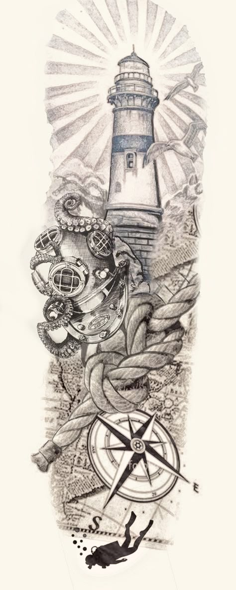 Lighthouse Leg Tattoo Sleeve, Sea Tattoo Ideas Men, Coastal Tattoos Men, Nautical Leg Tattoo, Feminine Nautical Tattoo, Seaside Tattoo Ideas, Nautical Sleeve Tattoo Women, Nautical Leg Sleeve Tattoo, Lighthouse Drawing Tattoo