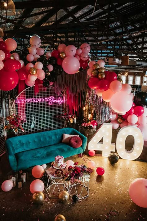 A moody burgundy 40th birthday party – fierce at 40 – Confetti Fair Forty And Fierce Party, Fabulous Party Ideas Decor, 40 Birthday Aesthetic, Colorful 40th Birthday Party, 40th Birthday Colors Theme Parties, Party Decorations 40th Birthday, Boujee 40th Birthday Party, 40th Birthday Styling, Red 40th Birthday Party Ideas